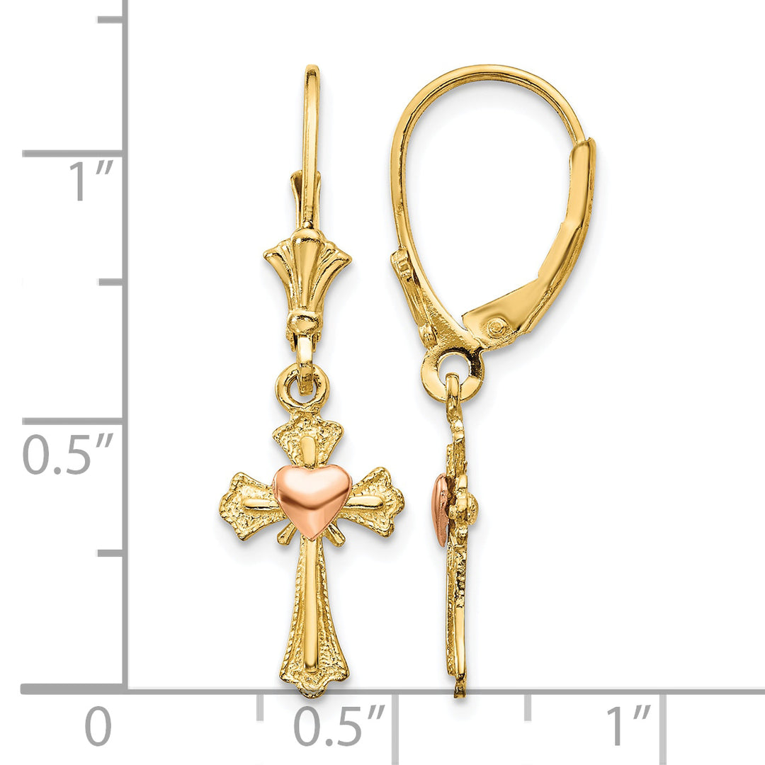 14K Two-Tone Gold Heart on Cross Dangle Leverback Earrings
