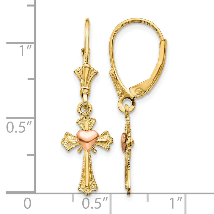 14K Two-Tone Gold Heart on Cross Dangle Leverback Earrings