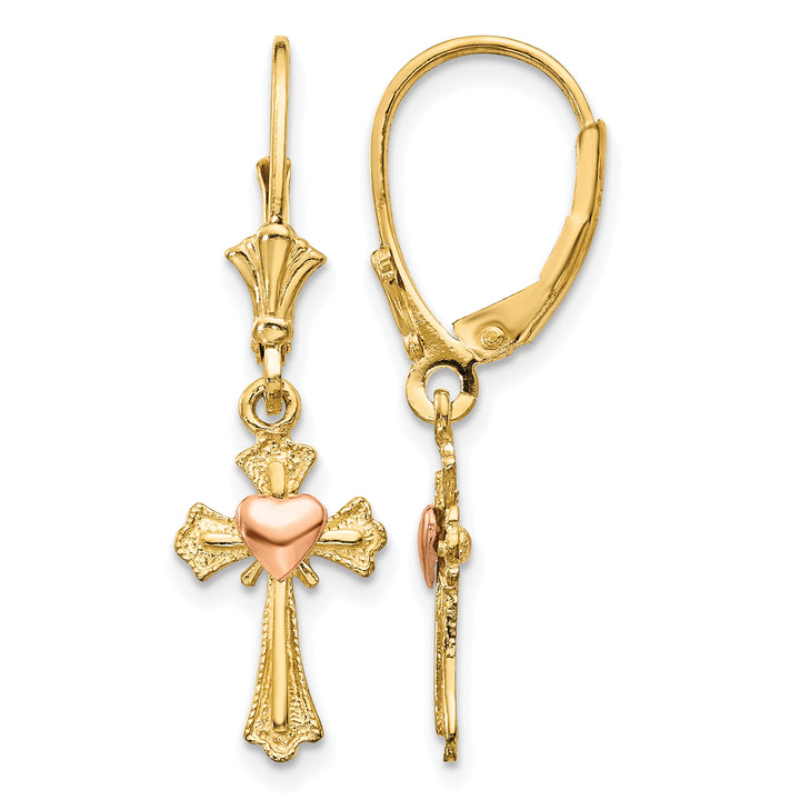 14K Two-Tone Gold Heart on Cross Dangle Leverback Earrings