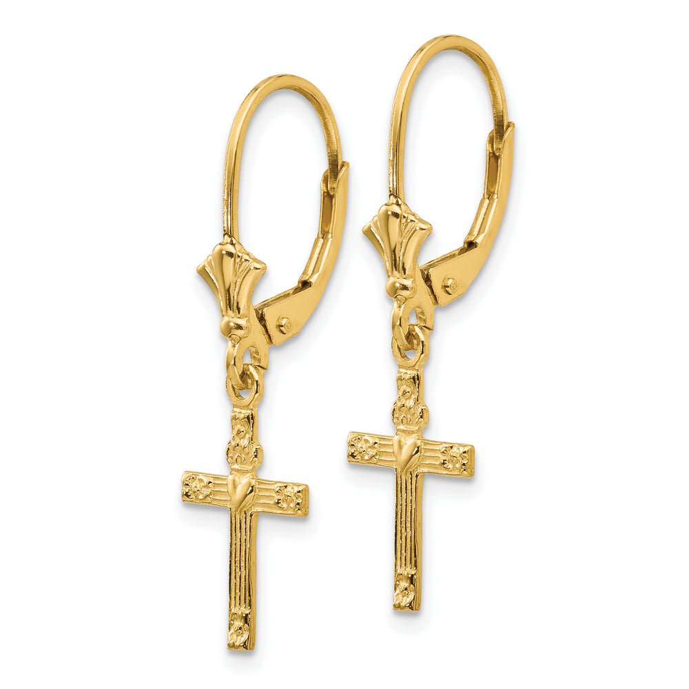 14K Yellow Gold Cross with Heart Dangle Leverback Earrings