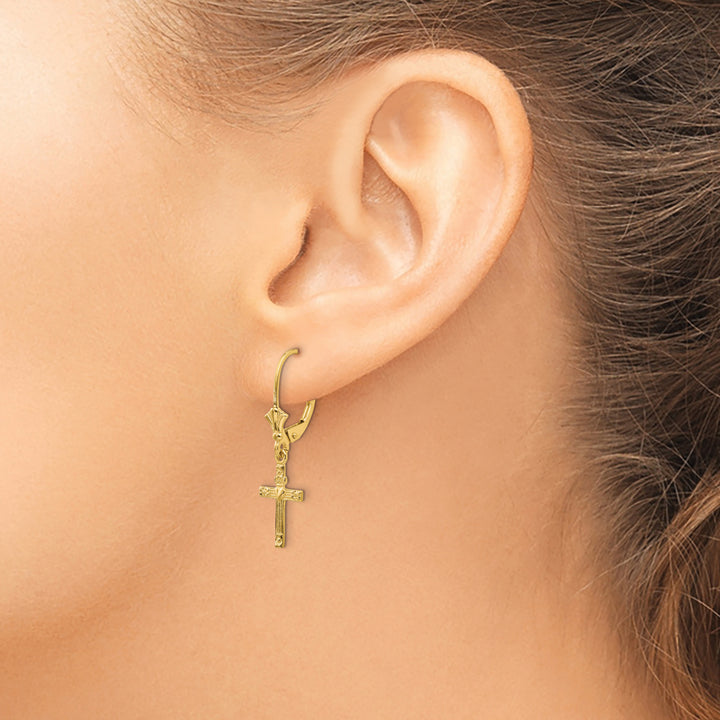 14K Yellow Gold Cross with Heart Dangle Leverback Earrings