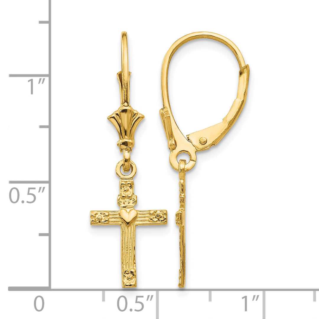 14K Yellow Gold Cross with Heart Dangle Leverback Earrings