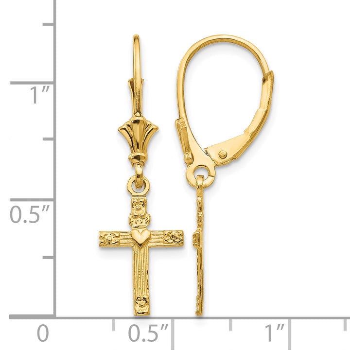 14K Yellow Gold Cross with Heart Dangle Leverback Earrings