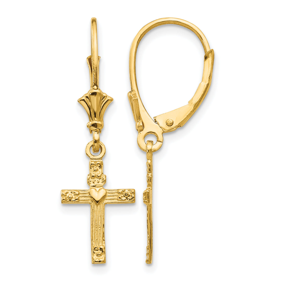 14K Yellow Gold Cross with Heart Dangle Leverback Earrings