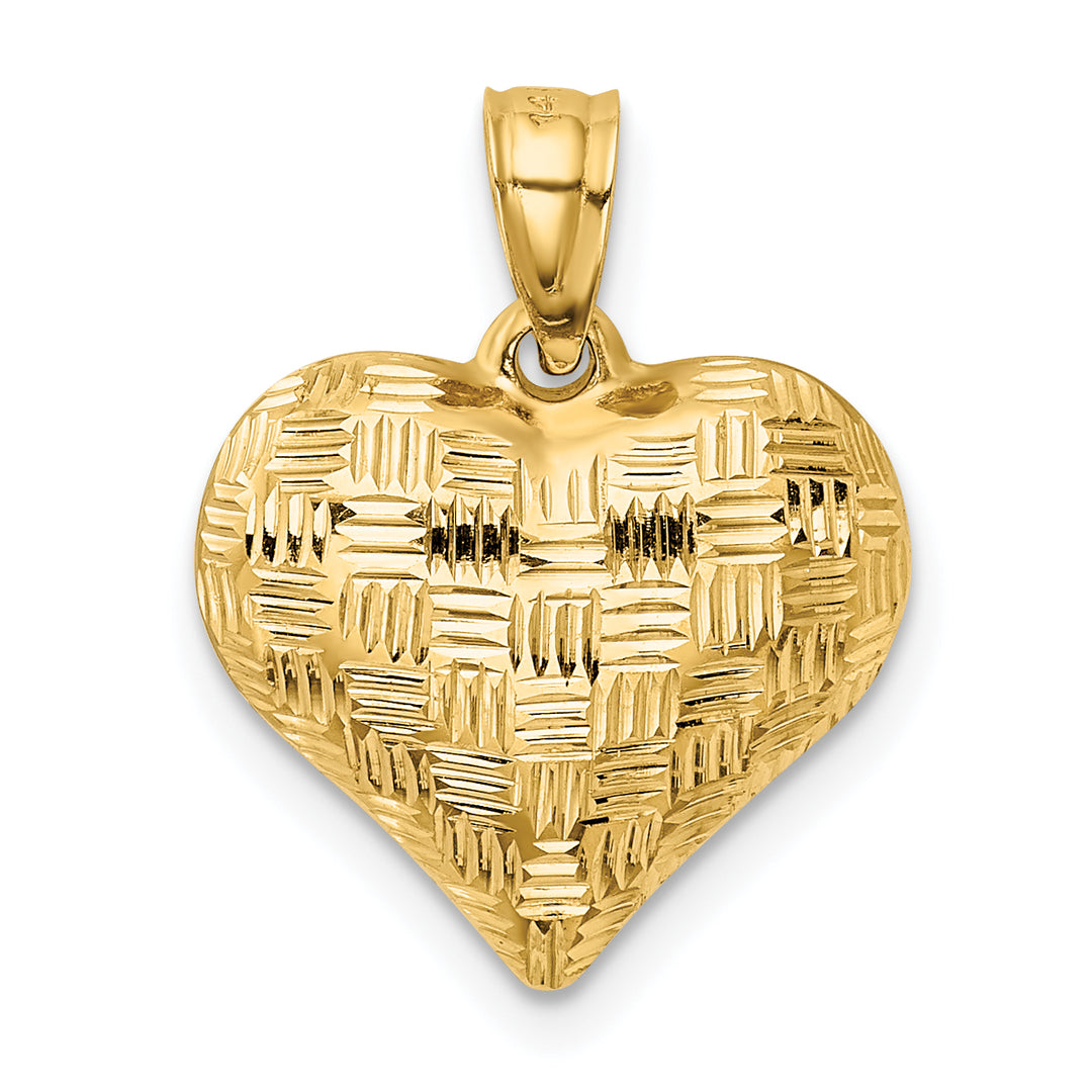 14k Yellow Gold Basket Weave Pattern 3-D Puffed Heart Pendant