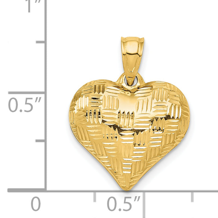 14k Yellow Gold Basket Weave Pattern 3-D Puffed Heart Pendant