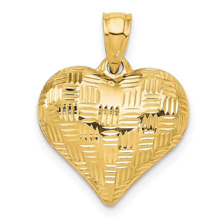 14k Yellow Gold Basket Weave Pattern 3-D Puffed Heart Pendant