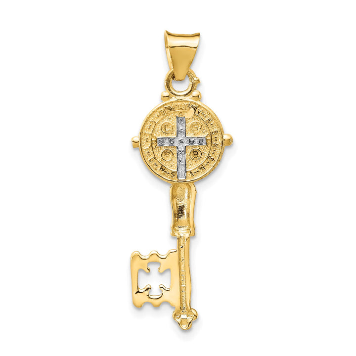 14K Yellow Gold Solid St. Benedict 2-Sided Cross Key Pendant