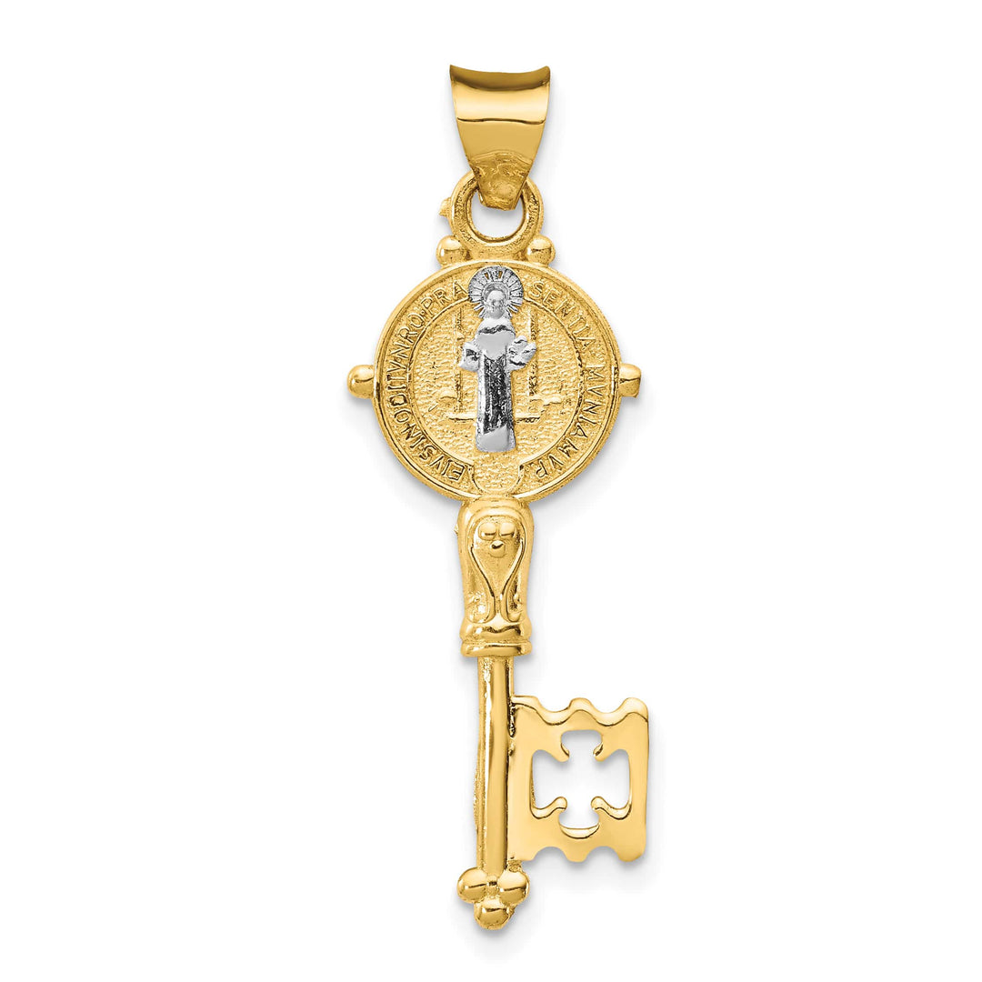 14K Yellow Gold Solid St. Benedict 2-Sided Cross Key Pendant