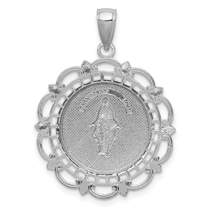 14K White Gold Large Miraculous Medal With Scallop Frame Round Pendant