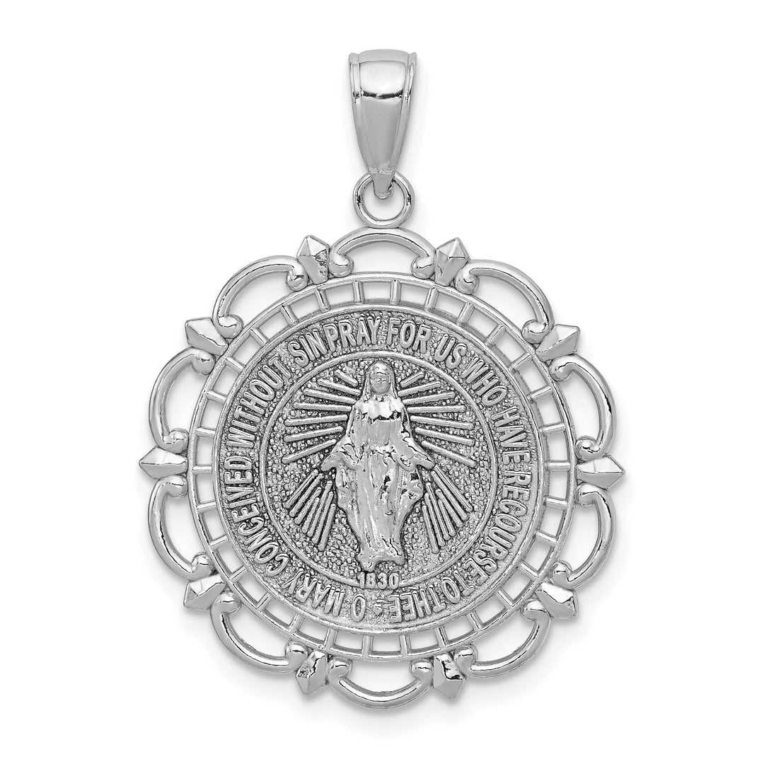 14K White Gold Large Miraculous Medal With Scallop Frame Round Pendant