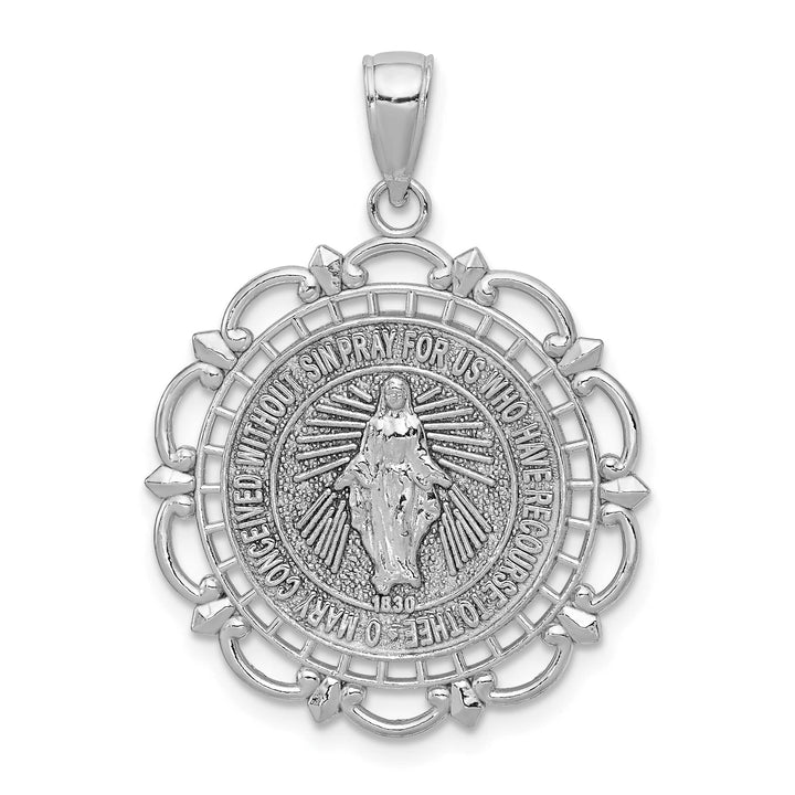 14K White Gold Large Miraculous Medal With Scallop Frame Round Pendant
