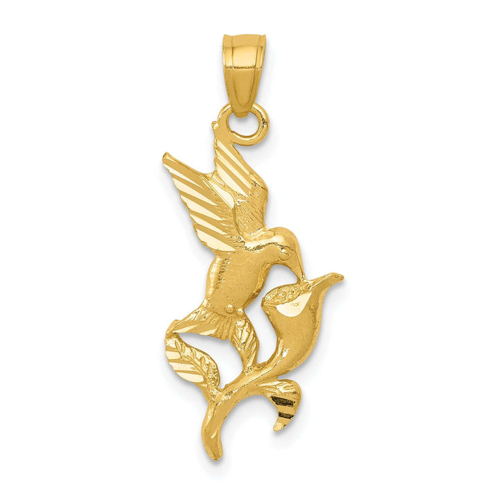 14k Yellow Gold Polished Hummingbird with Flower Pendant