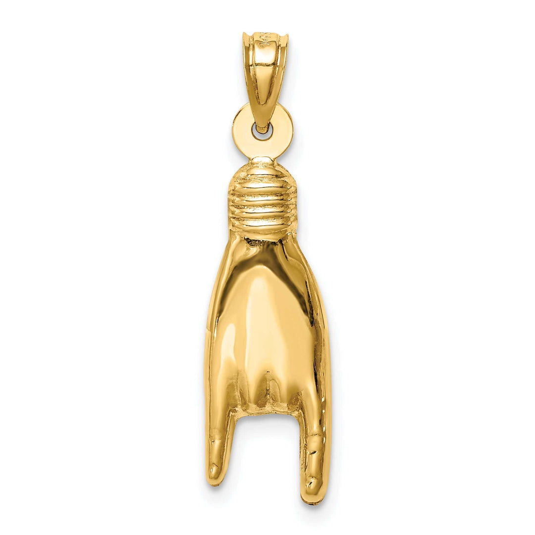 14K Yellow Gold 3-D Hollow Hand Rock On Sign Pendant