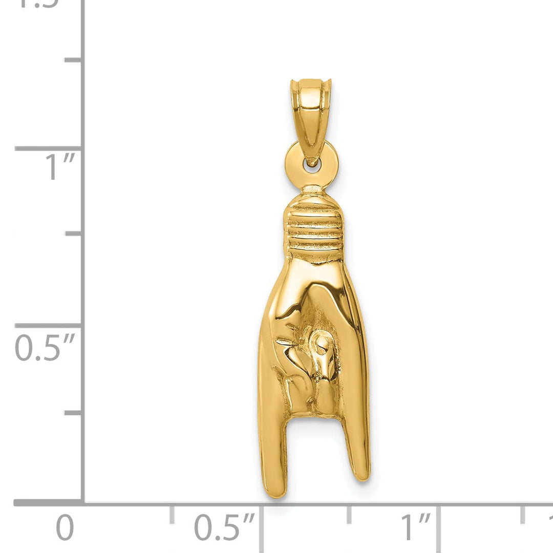 14K Yellow Gold 3-D Hollow Hand Rock On Sign Pendant