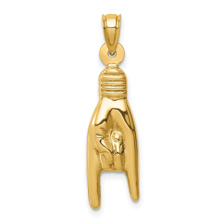 14K Yellow Gold 3-D Hollow Hand Rock On Sign Pendant