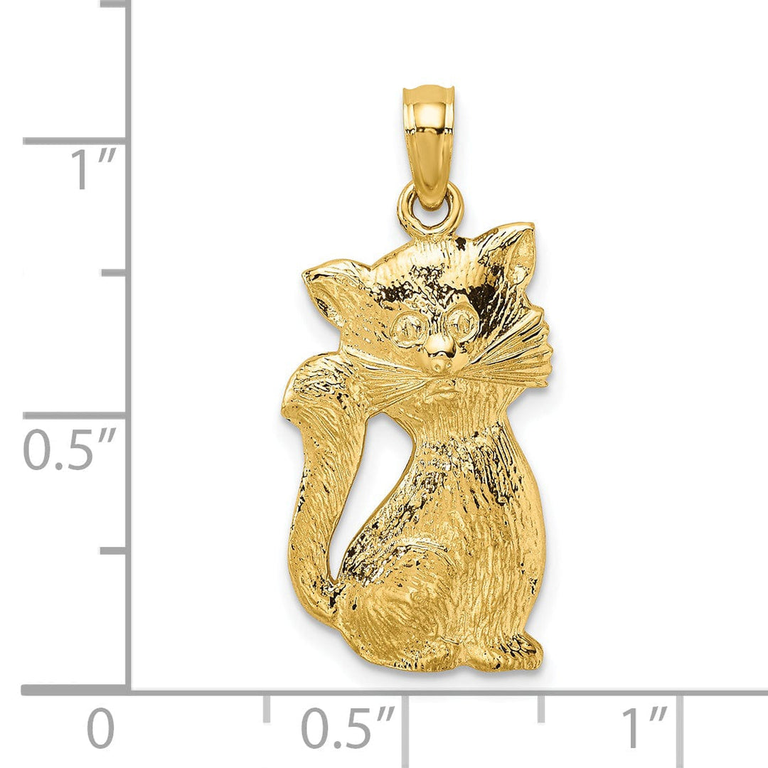 14K Yellow Gold Polished Texture Finish Sitting Cat Pendant