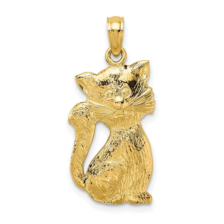14K Yellow Gold Polished Texture Finish Sitting Cat Pendant