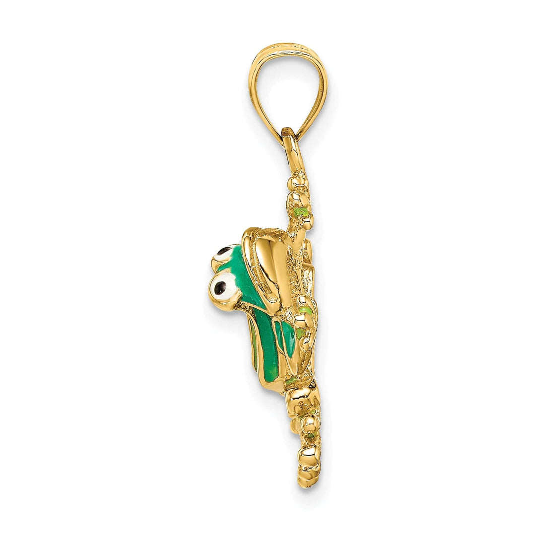 14K Yellow Gold Green Enameled 2-D Frog Pendant