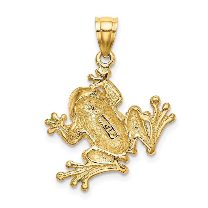 14K Yellow Gold Green Enameled 2-D Frog Pendant