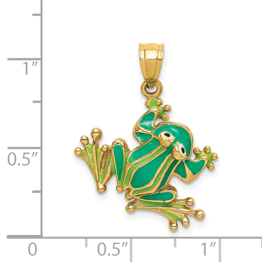 14K Yellow Gold Green Enameled 2-D Frog Pendant