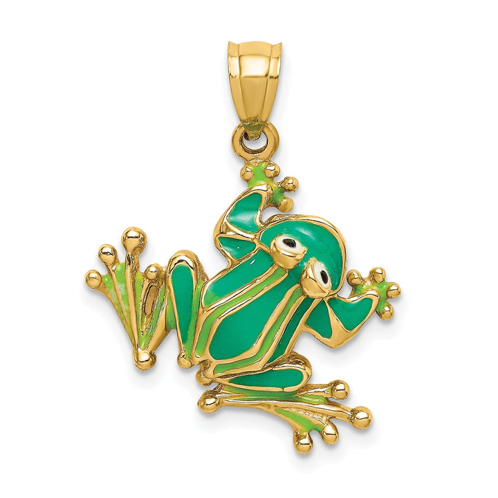 14K Yellow Gold Green Enameled 2-D Frog Pendant