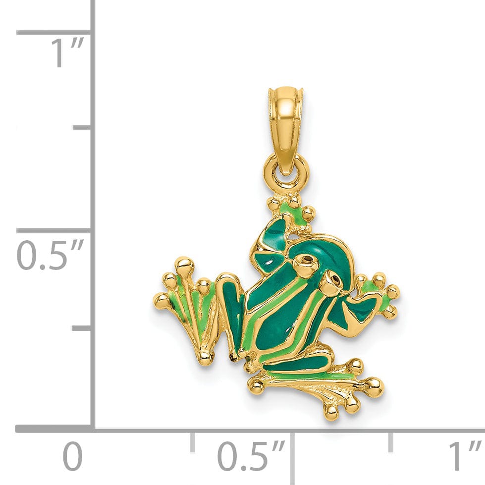 14K Yellow Gold Green Enameled 2-D Frog Charm Pendant