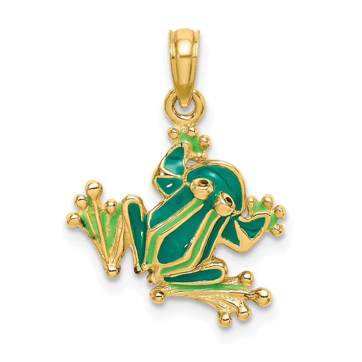 14K Yellow Gold Green Enameled 2-D Frog Charm Pendant