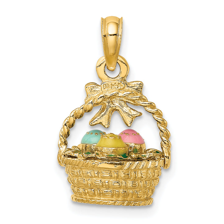14K Yellow Gold 3-D Easter Basket with Bow Eggs Charm Pendant