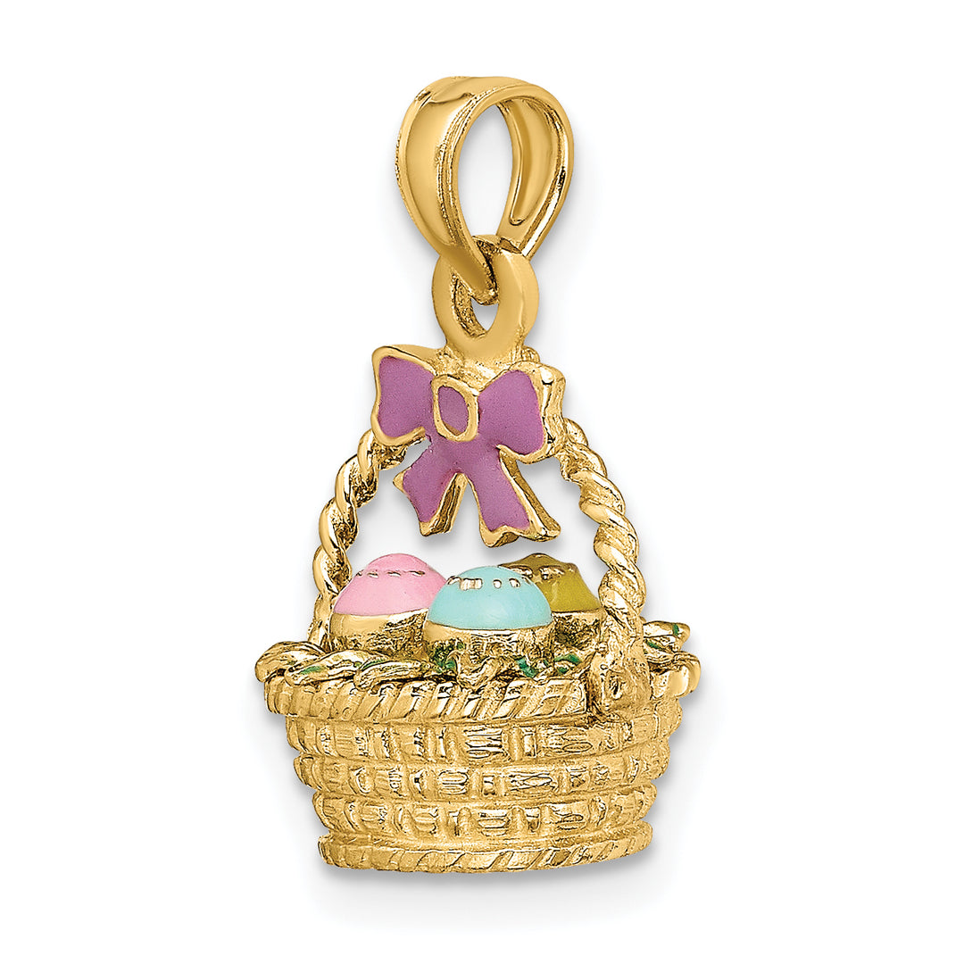 14K Yellow Gold 3-D Easter Basket with Bow Eggs Charm Pendant