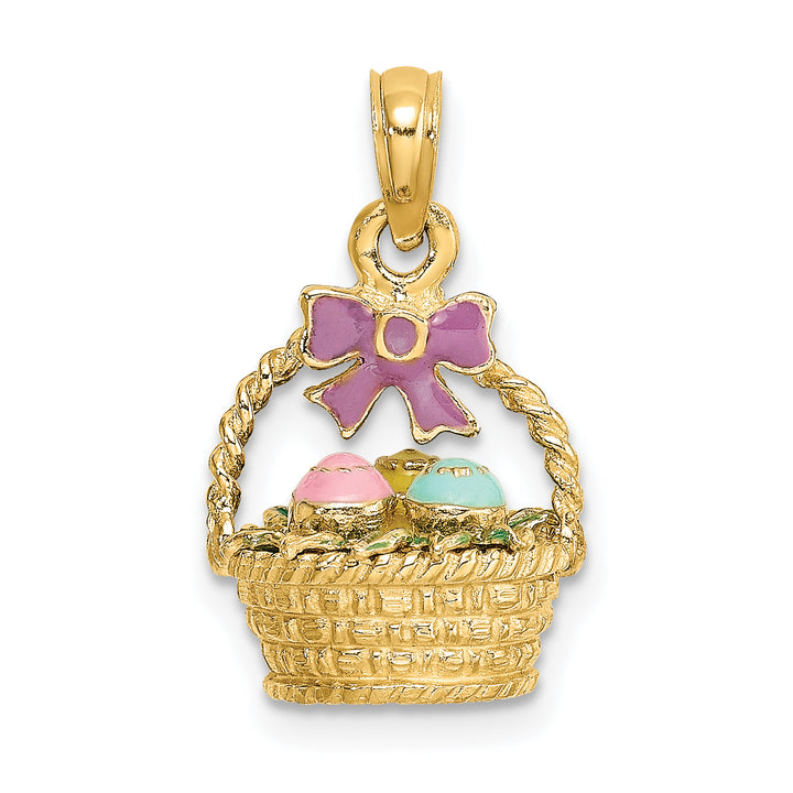 14K Yellow Gold 3-D Easter Basket with Bow Eggs Charm Pendant