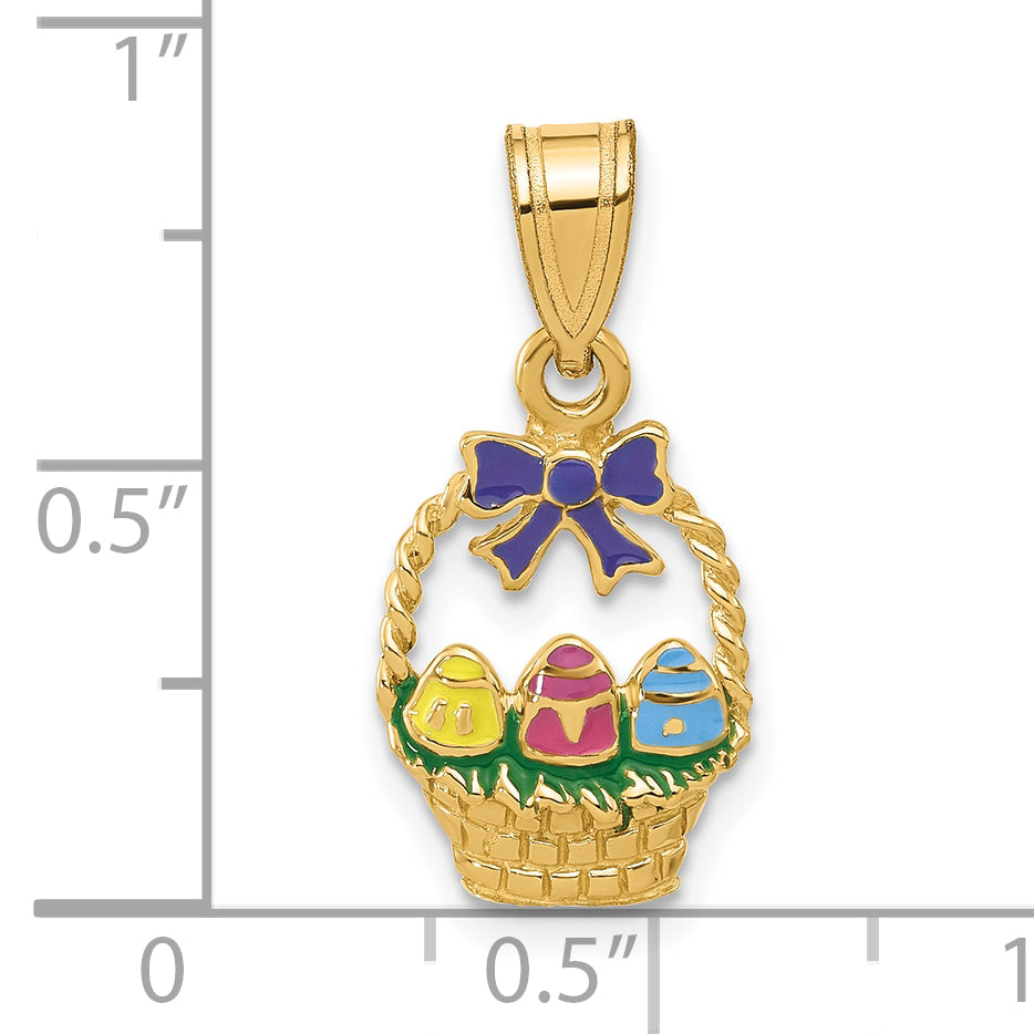 14K Yellow Gold Easter Basket with Bow and Eggs Charm Pendant