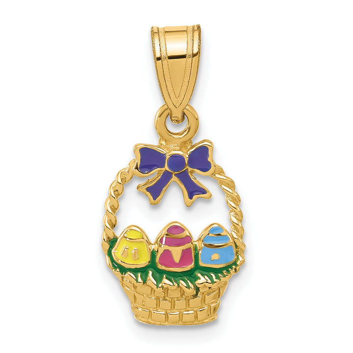 14K Yellow Gold Easter Basket with Bow and Eggs Charm Pendant