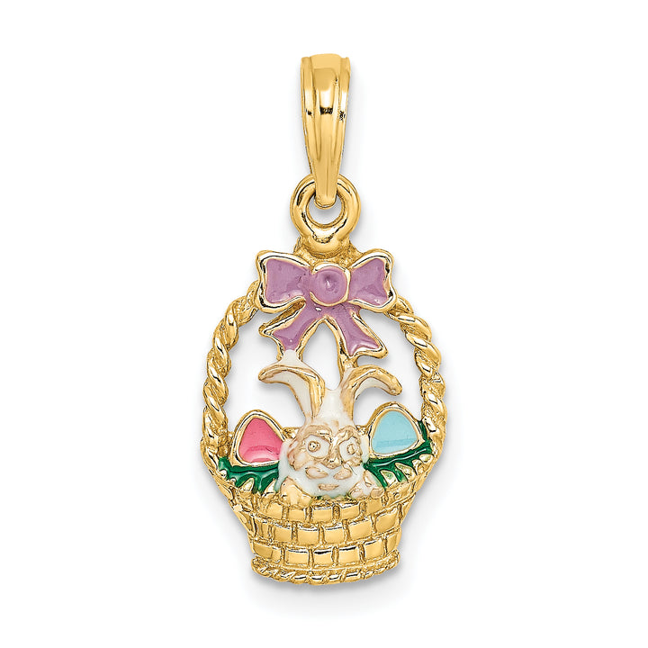 14K Yellow Gold Enameled Easter Basket with Bunny/Bow/Eggs Charm