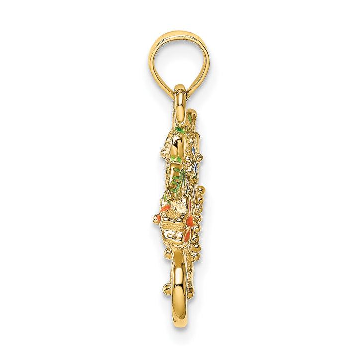 14K Yellow Gold 3-D Multi-color Enamel Flower Cart Charm Pendent