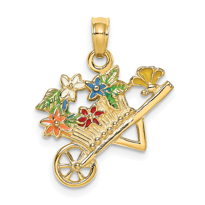 14K Yellow Gold 3-D Multi-color Enamel Flower Cart Charm Pendent