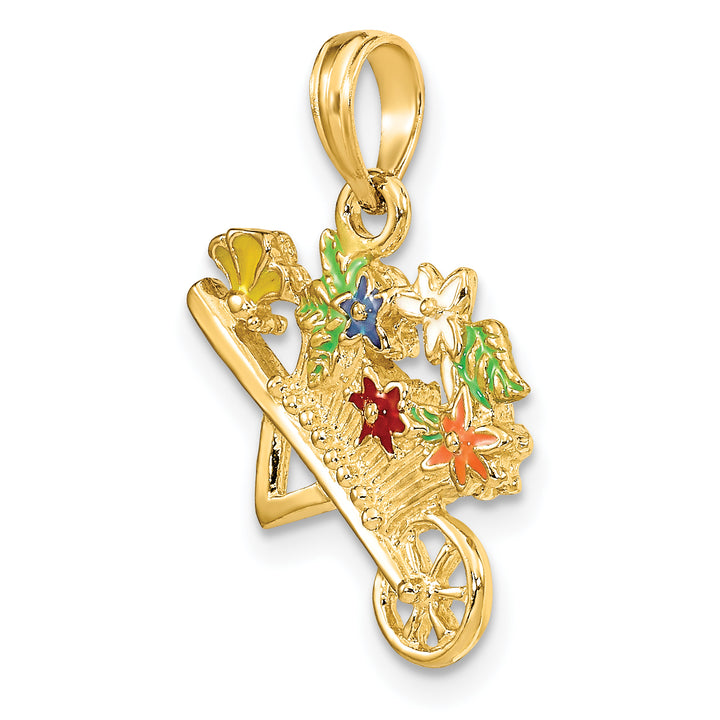 14K Yellow Gold 3-D Multi-color Enamel Flower Cart Charm Pendent