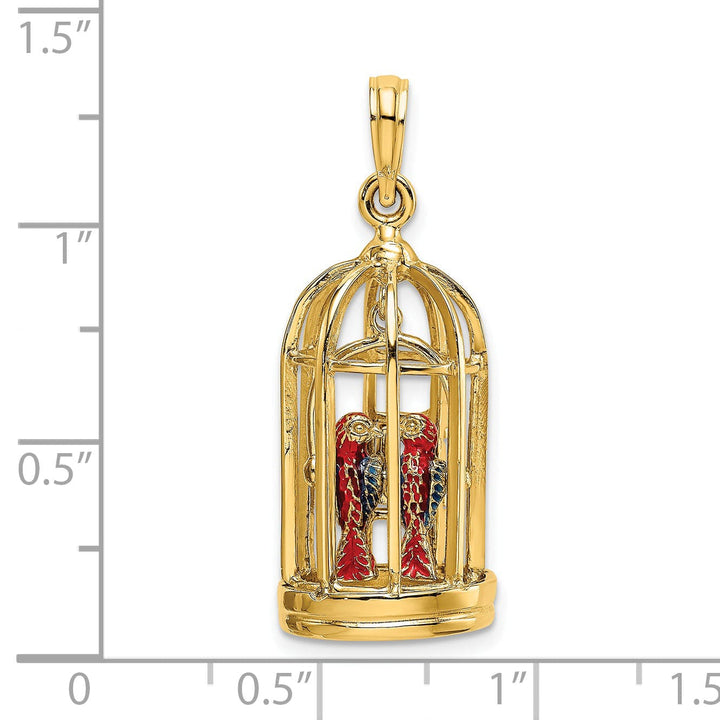 14K Yellow Gold 3-D 2-Birds in Cage Doors Open Charm Pendant