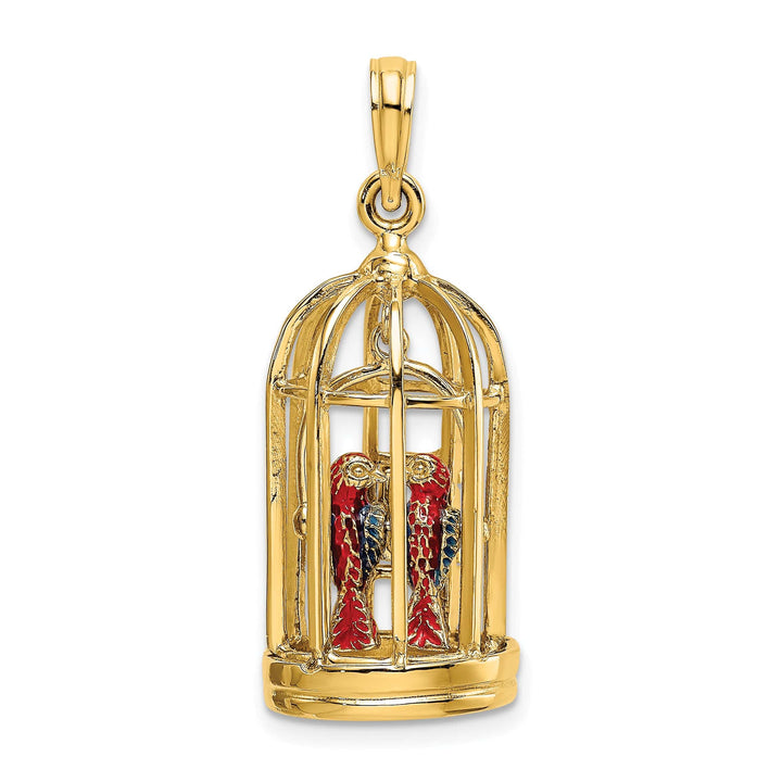 14K Yellow Gold 3-D 2-Birds in Cage Doors Open Charm Pendant
