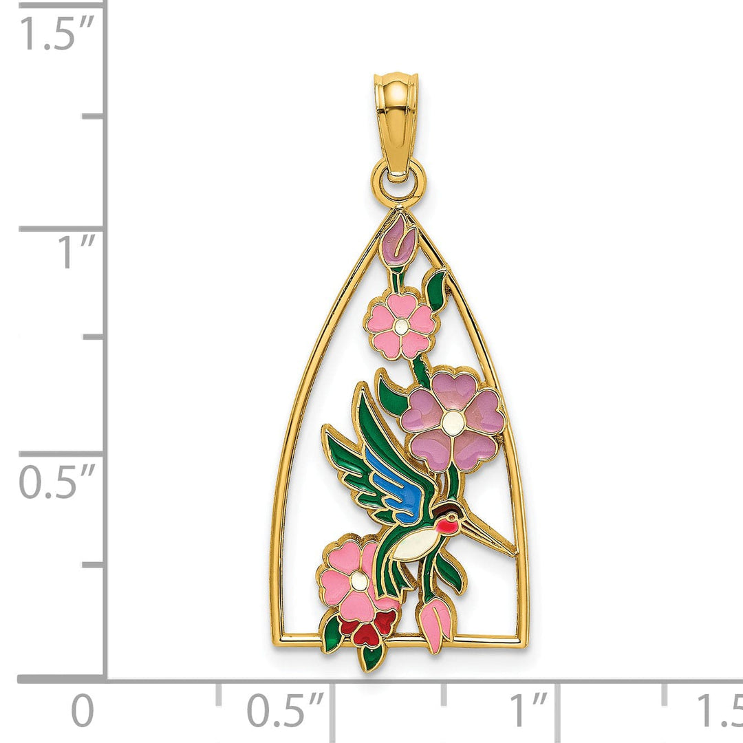 14K Yellow Gold Hummingbird Flowers Triangle Design Pendant