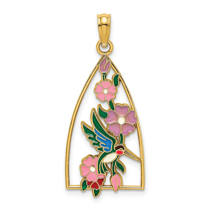 14K Yellow Gold Hummingbird Flowers Triangle Design Pendant