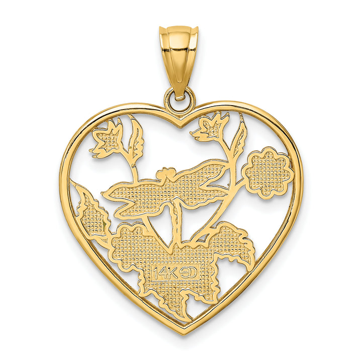 14K Yellow Gold Dragonfly Flower in Heart Design Charm Pendant