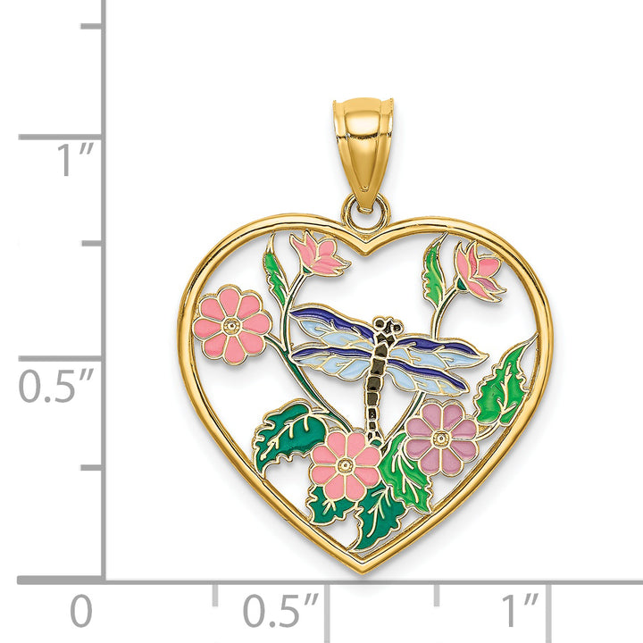 14K Yellow Gold Dragonfly Flower in Heart Design Charm Pendant