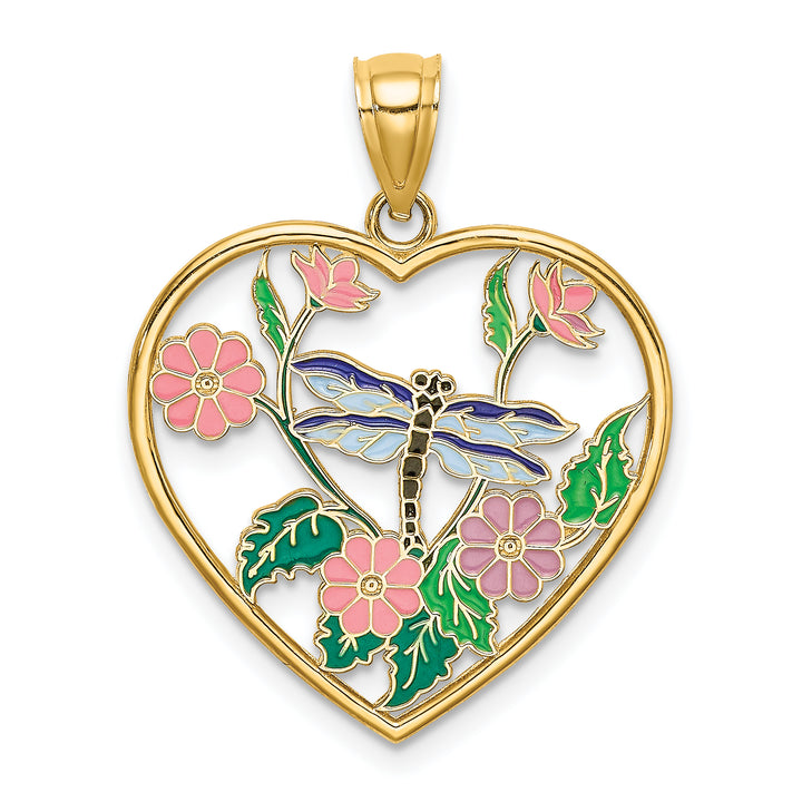 14K Yellow Gold Dragonfly Flower in Heart Design Charm Pendant