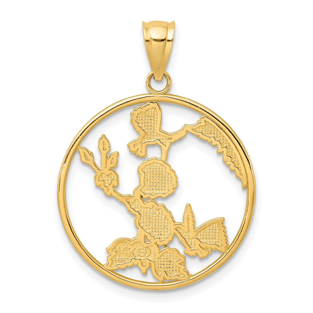 14K Yellow Gold Hummingbirds Flowers In Circle Design Pendant