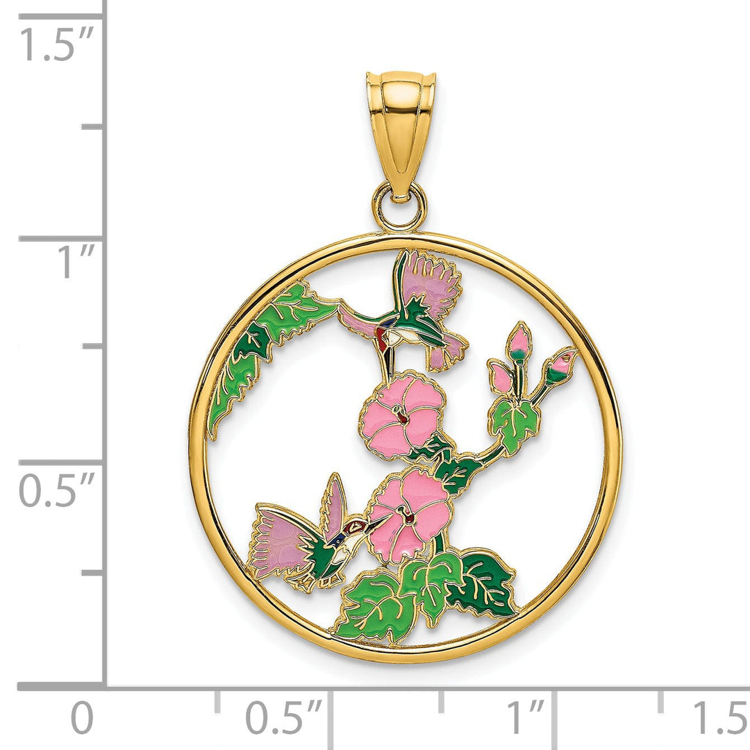 14K Yellow Gold Hummingbirds Flowers In Circle Design Pendant