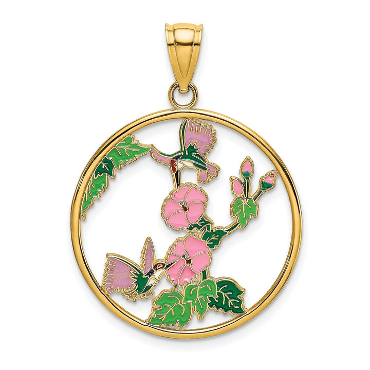 14K Yellow Gold Hummingbirds Flowers In Circle Design Pendant