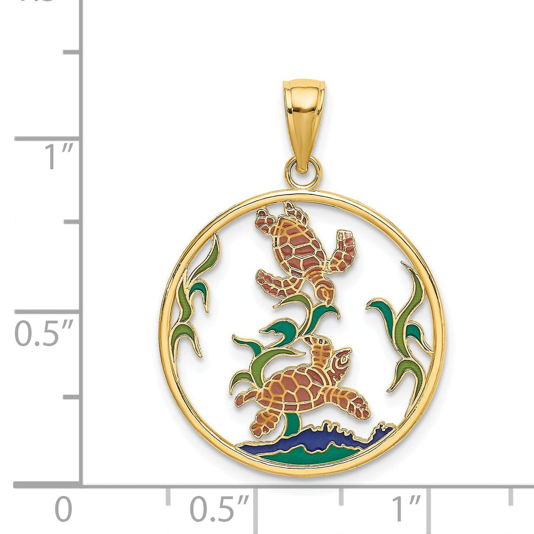 14K Yellow Gold Sea Turtles In Circle Design Pendant