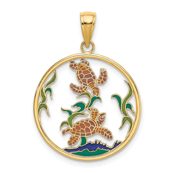 14K Yellow Gold Sea Turtles In Circle Design Pendant