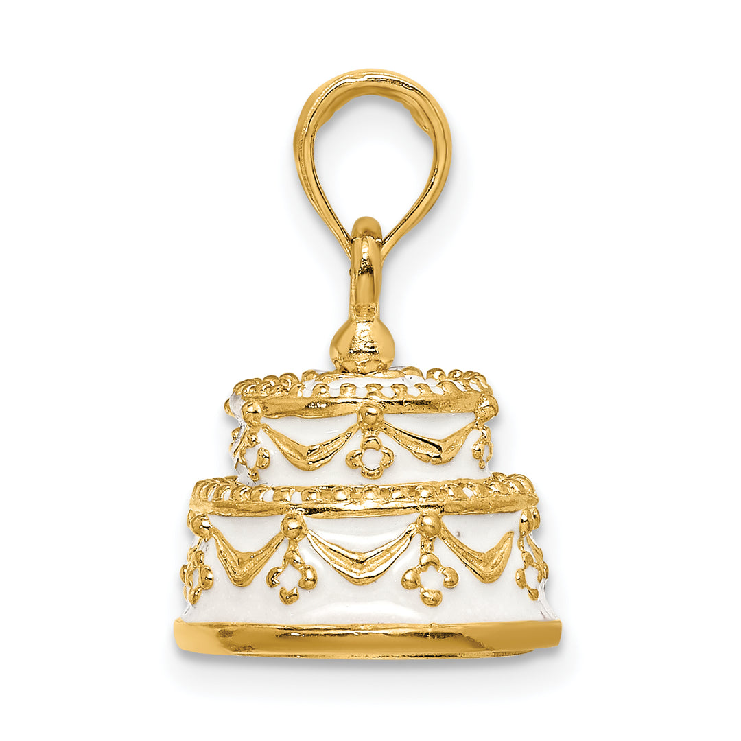 14k Yellow Gold Enameled JUST MARRIED 3-D Wedding Cake Pendant